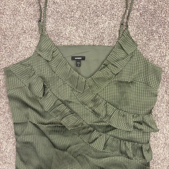 Express Women's Satin Downtown Cami Size XS Green V-Neck Ruffle Front NWT $48 - Picture 6 of 16